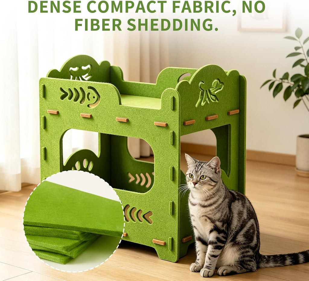 Green felt cat house showing the dense, shed-resistant felt material up close