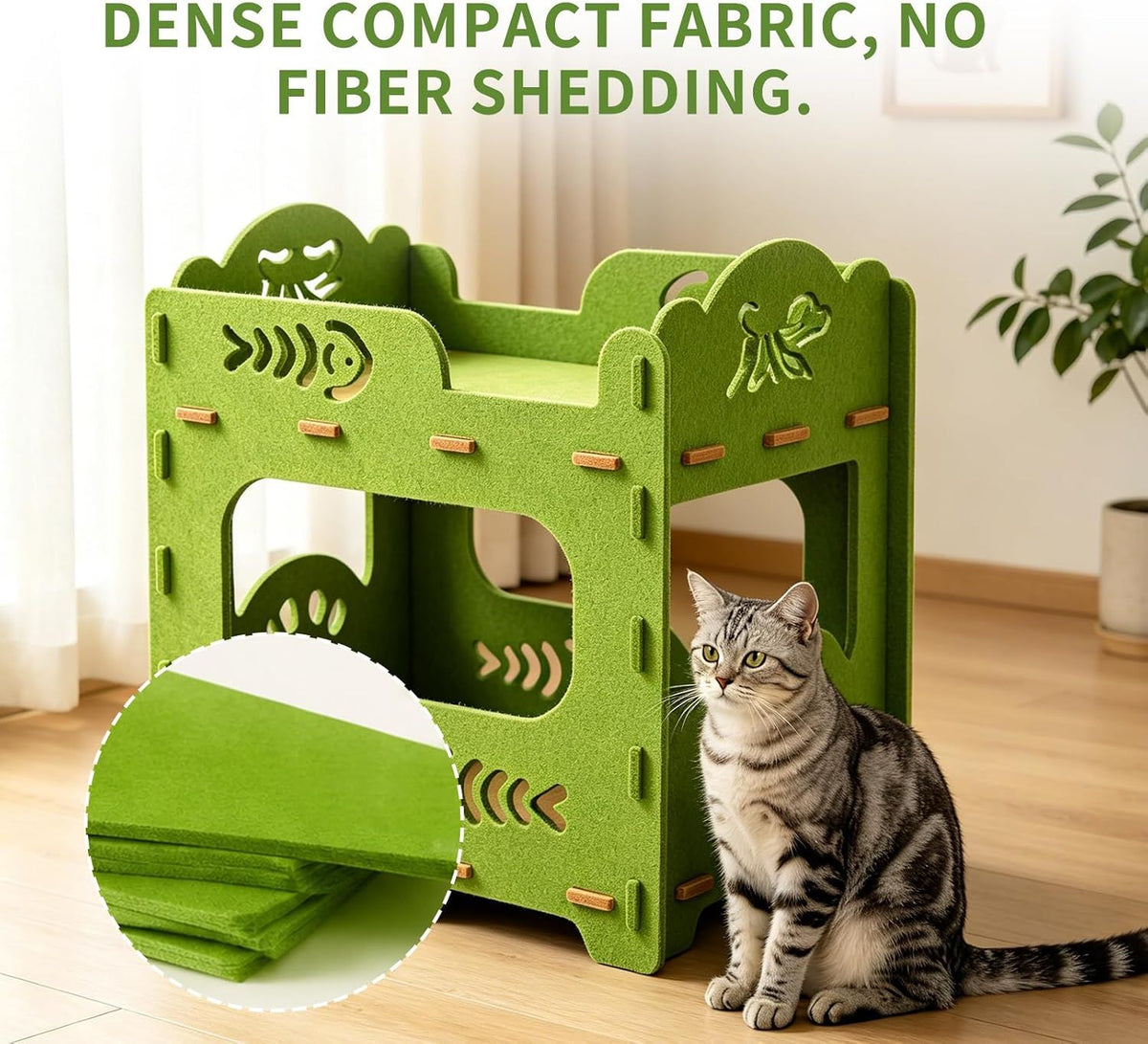 Green felt cat house showing the dense, shed-resistant felt material up close