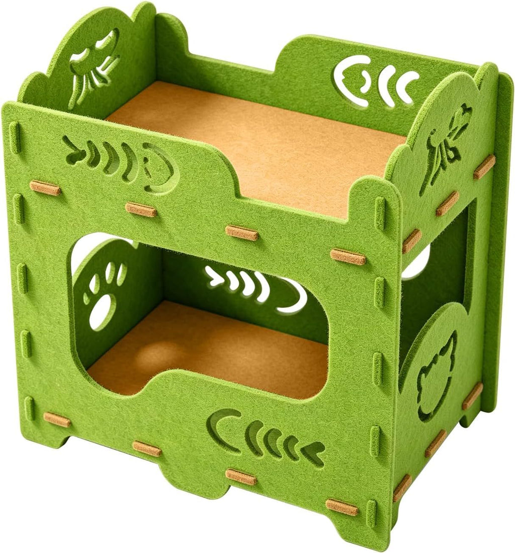Green two-tier felt cat house on a white background