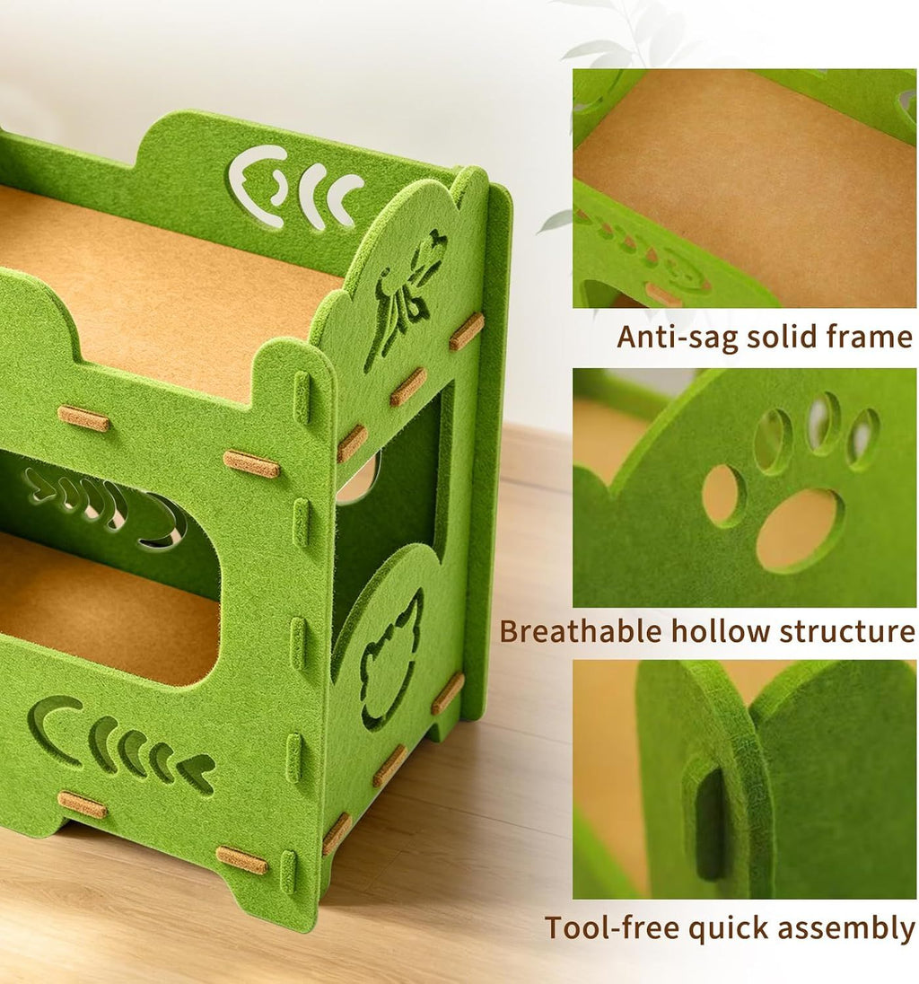 Close-up details of the cat house's sturdy frame, breathable cut-outs, and tool-free wood connectors