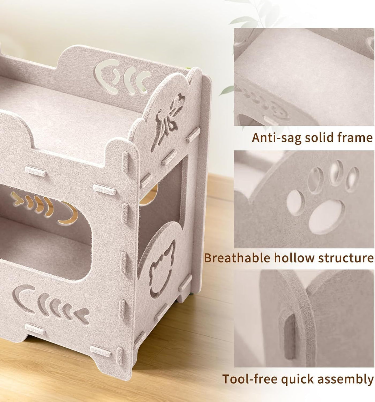 Close-up details of the white cat house's sturdy frame, breathable cut-outs, and tool-free wood connectors