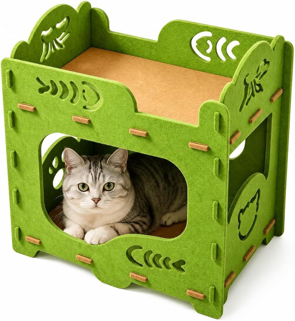 Cat peeking out from the private lower hideaway of the green felt cat house