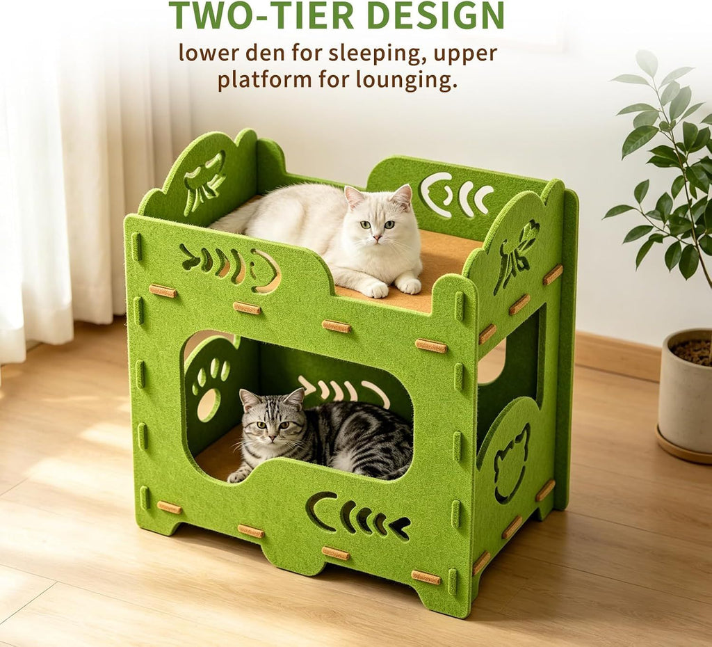 Green two-tier cat house with two cats using the lower den and upper lounge