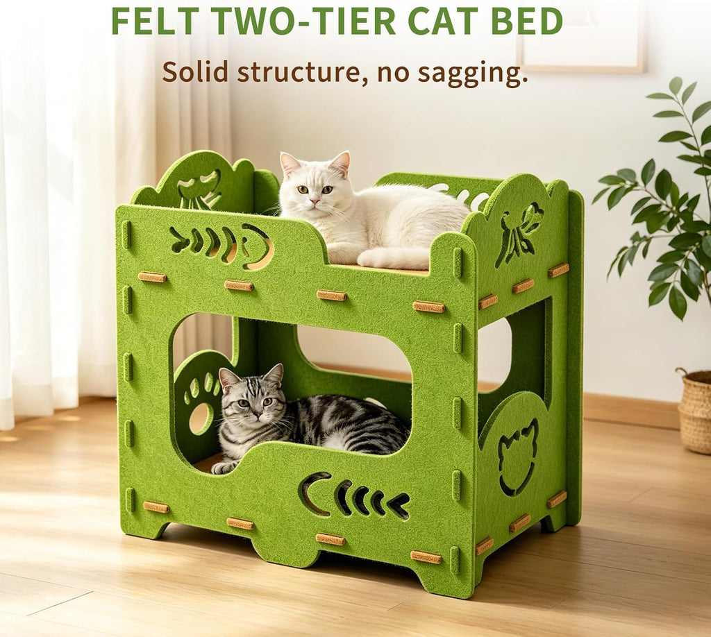 Green two-tier felt cat house with a cat lounging on top and a cat resting inside the lower hideaway