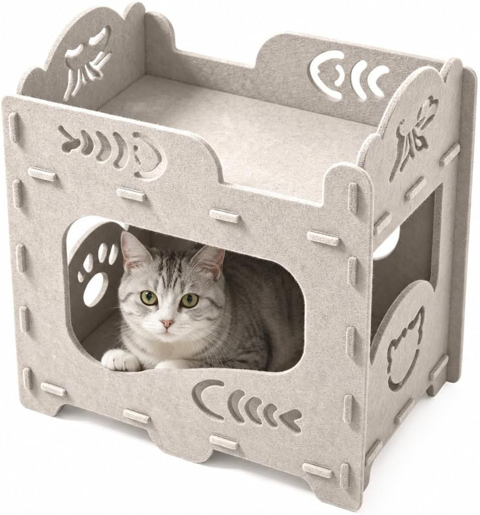 Cat resting inside the private lower hideaway of the white felt cat house