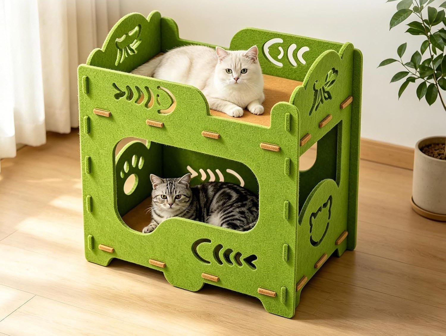 Green two-tier cat house with two cats using the lower den and upper lounge in a cozy living room