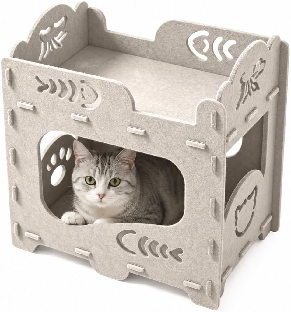 Cat resting inside the private lower hideaway of the white felt cat house