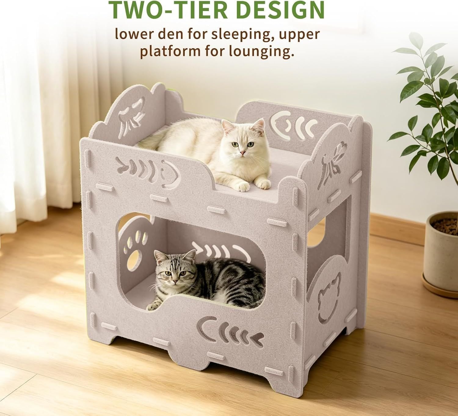 White two-tier felt cat house with a cat relaxing on the elevated upper platform